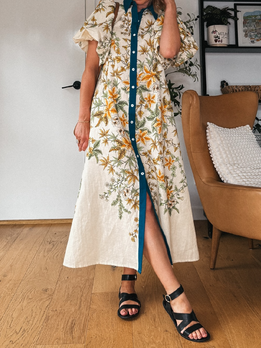 Spring Yellow Floral Denim Shirt Dress