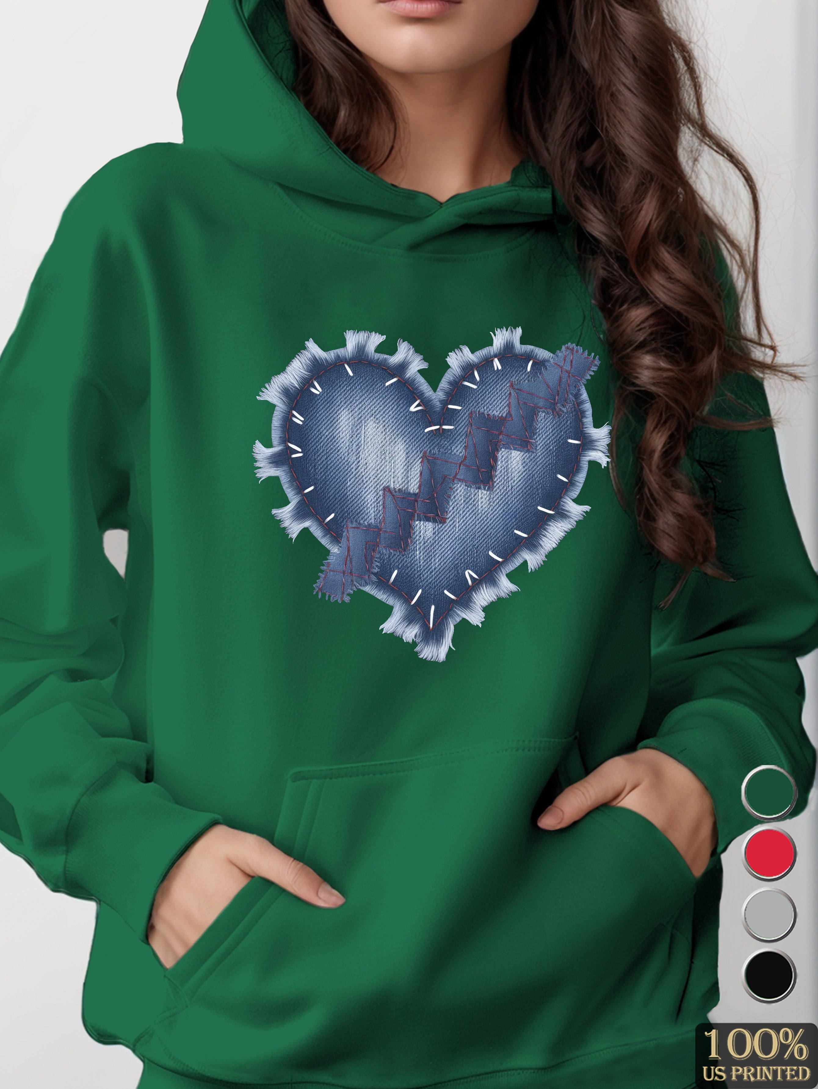 heart shaped denim design women's hooded sweatshirt