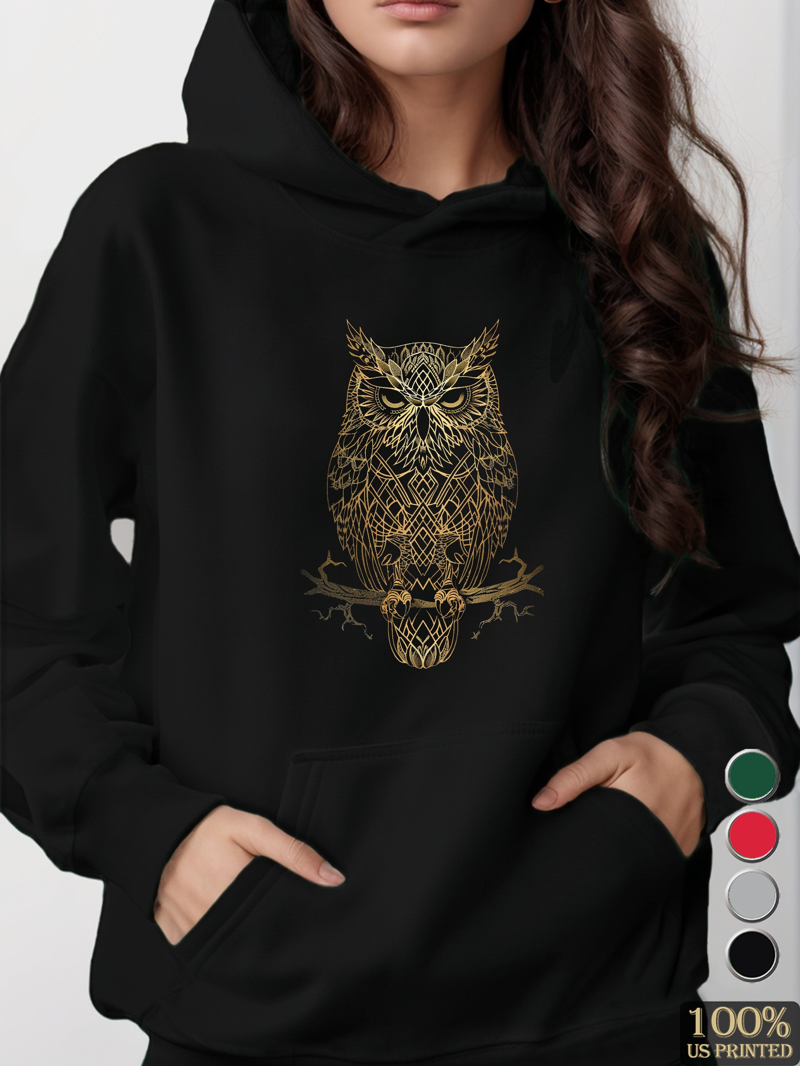 Monochromatic Gold Owl Design women's hooded sweatshirt