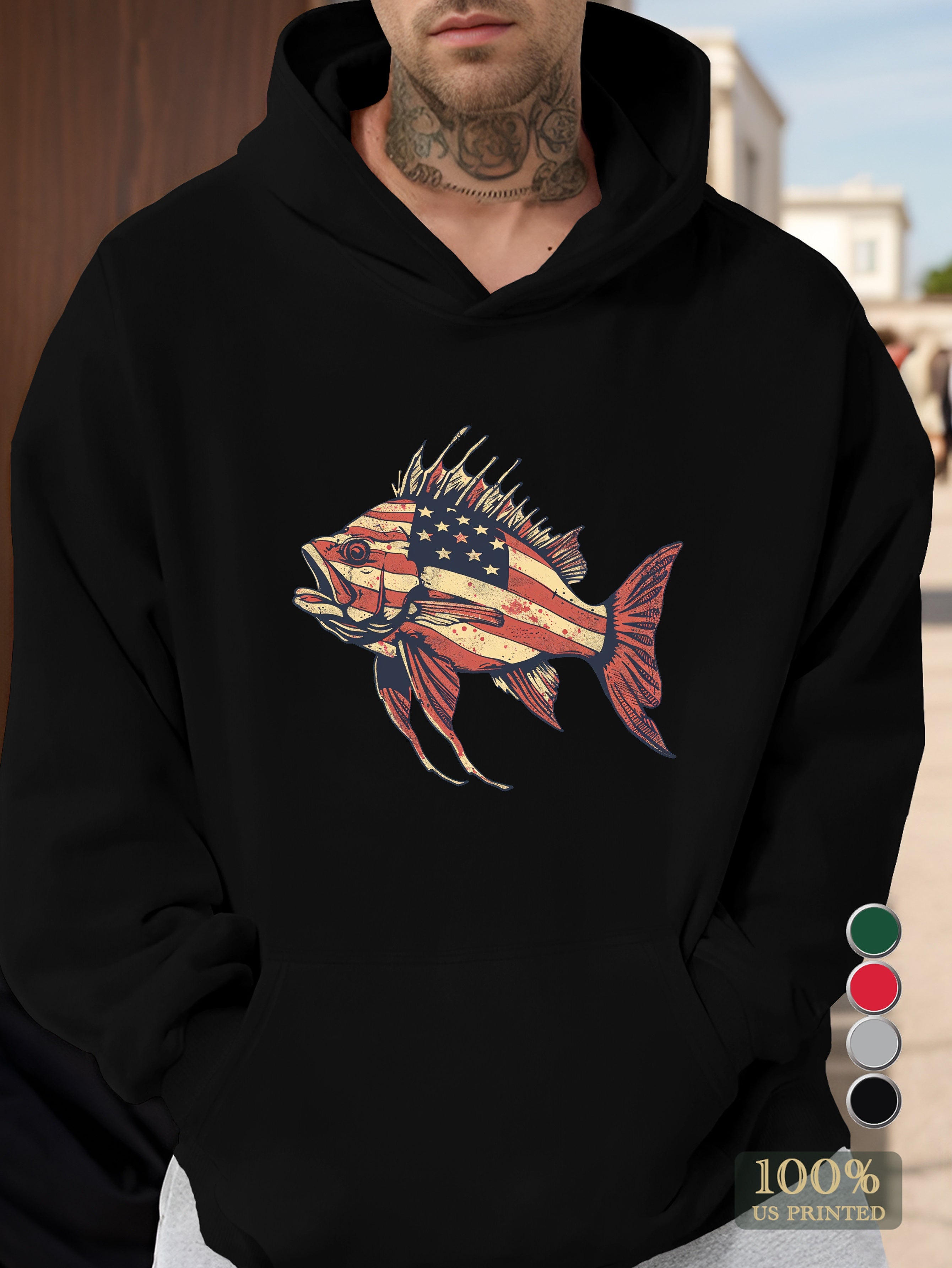 Patriotic fish design Men's hooded sweatshirt