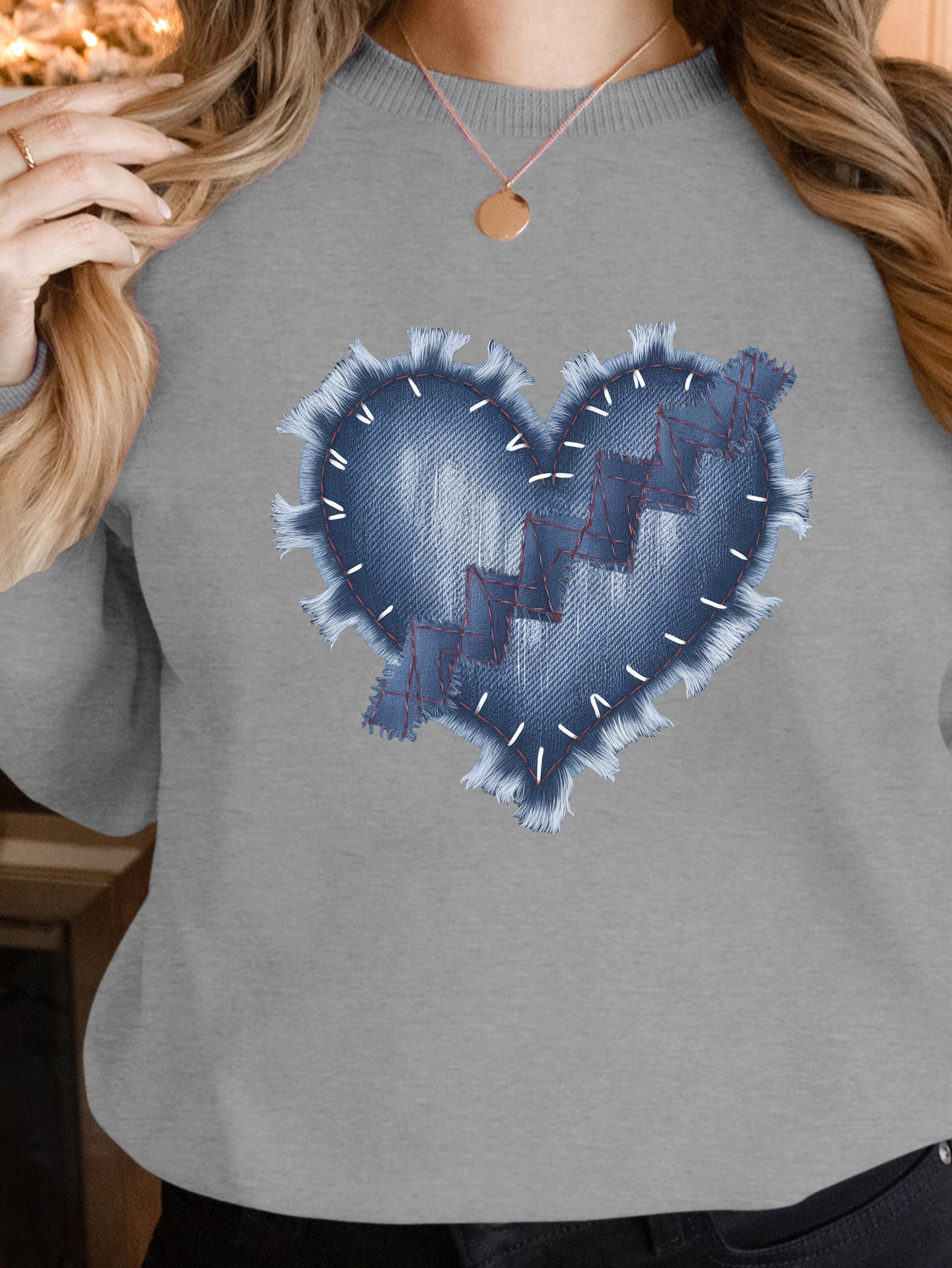 heart shaped denim design women's sweatshirts