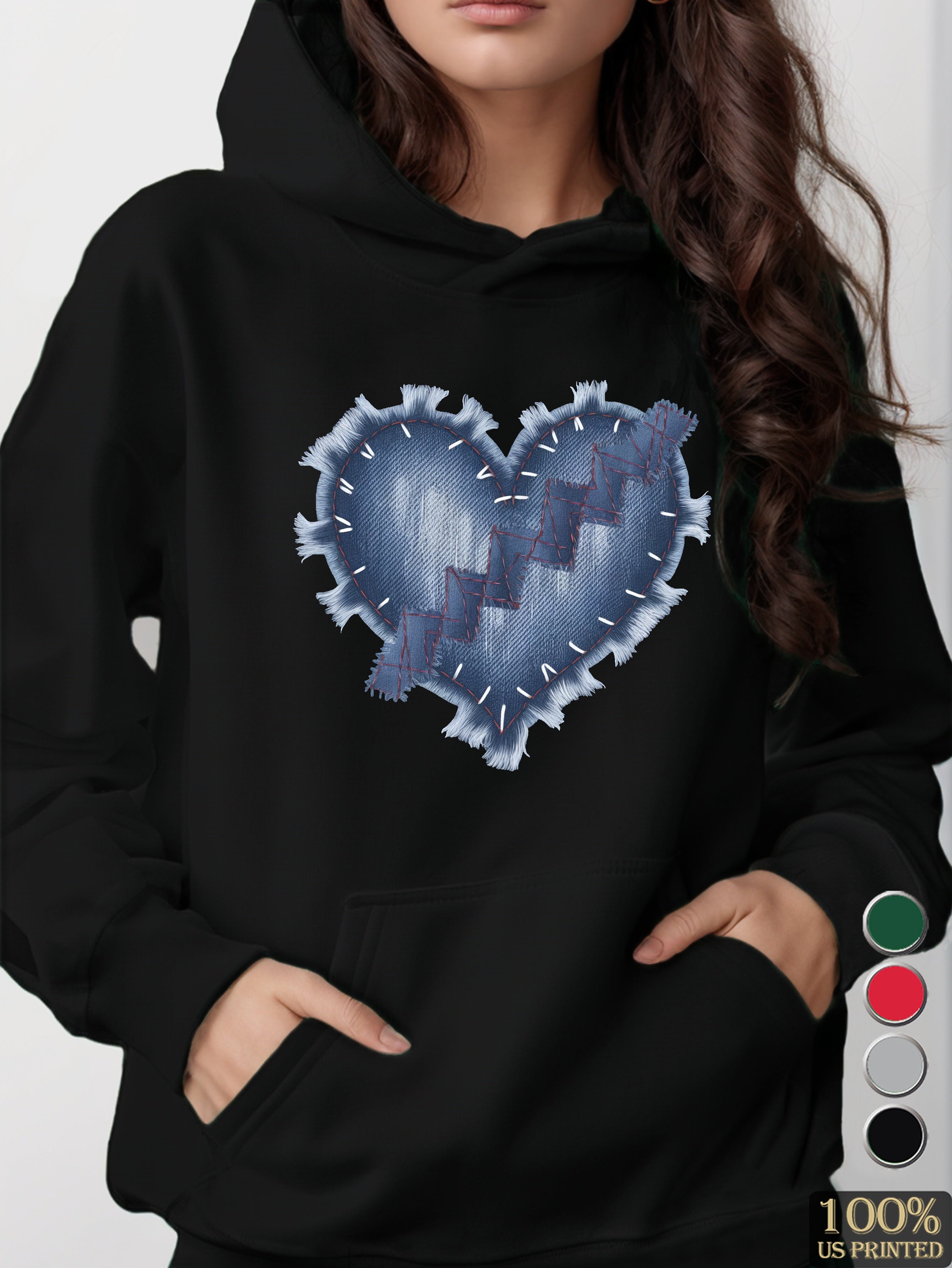 heart shaped denim design women's hooded sweatshirt