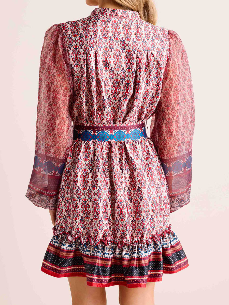 Printed Long Sleeve Belted Mini Dress