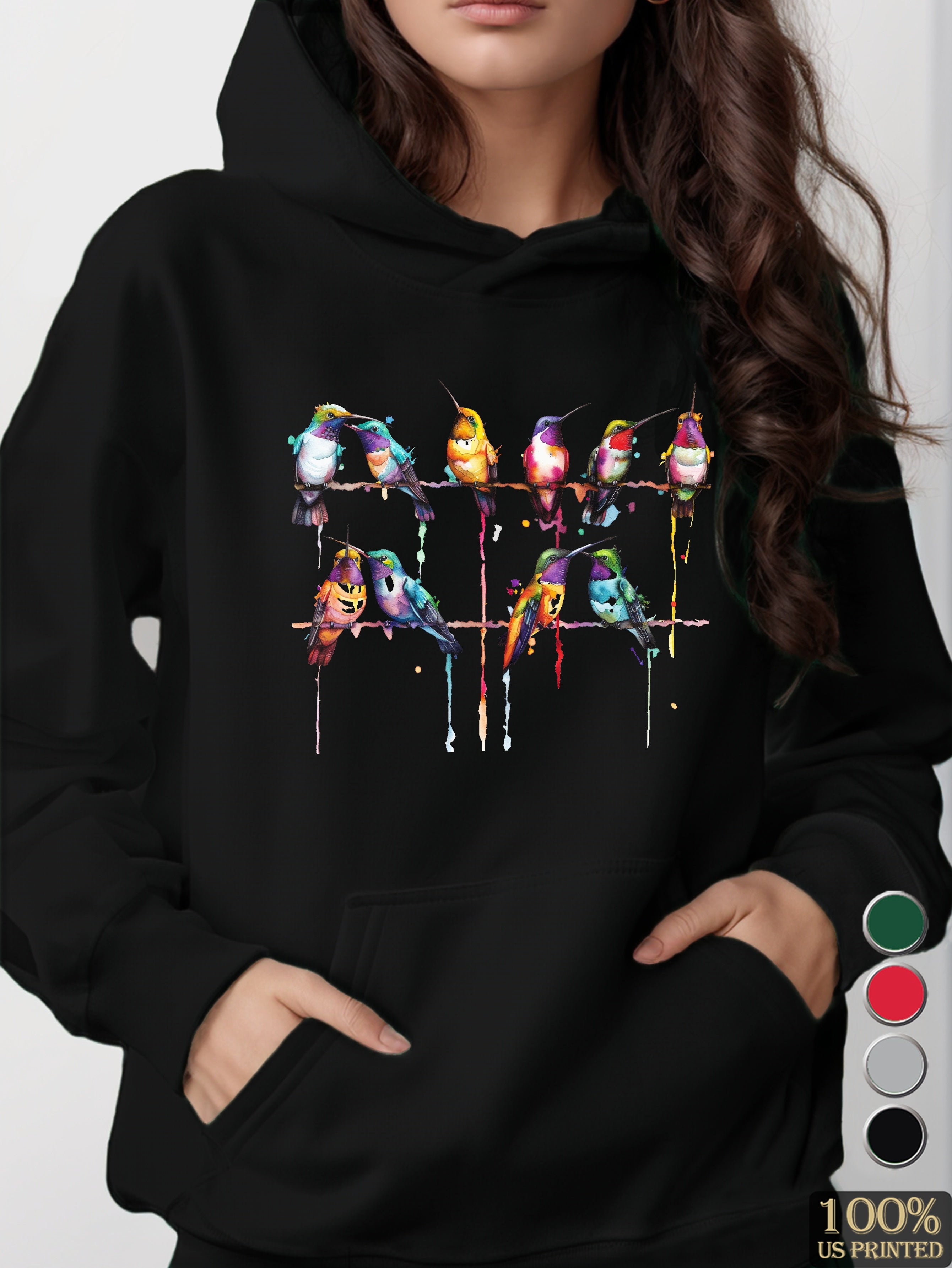 Vibrant watercolor style hummingbirds women's hooded sweatshirt