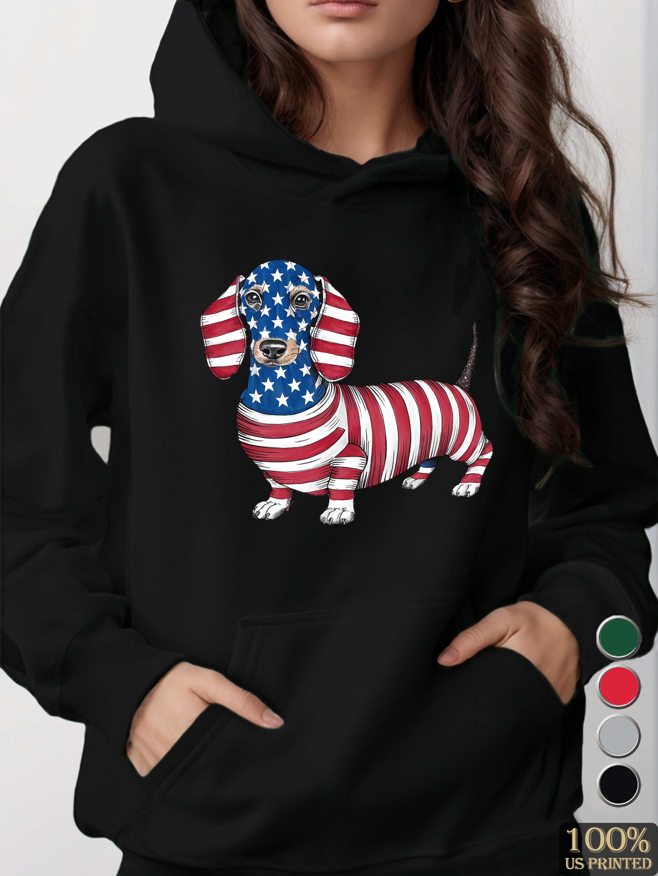 whimsical patriotic dachshund illustration women's hooded sweatshirt