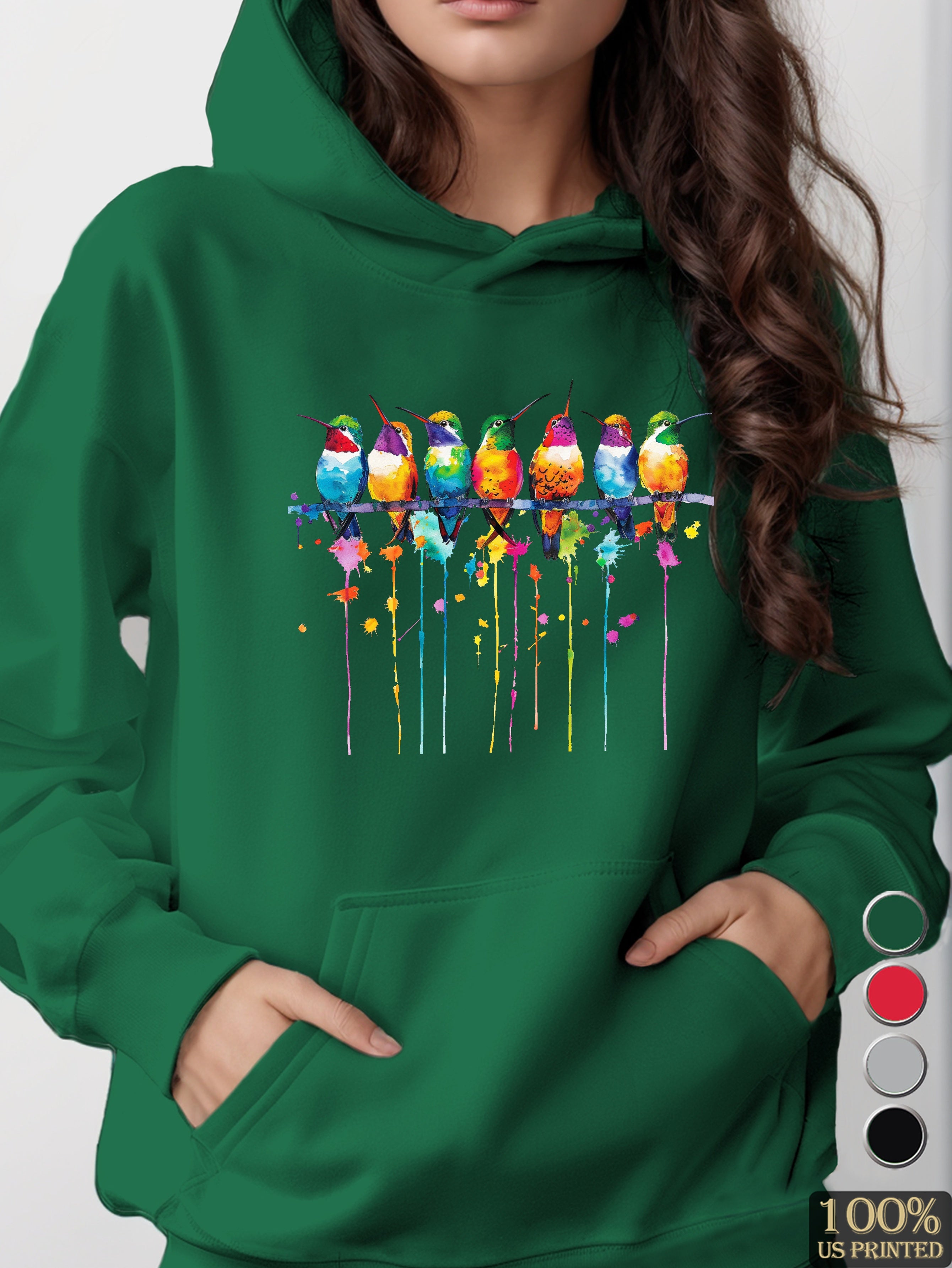 Vibrant watercolor style hummingbirds women's hooded sweatshirt