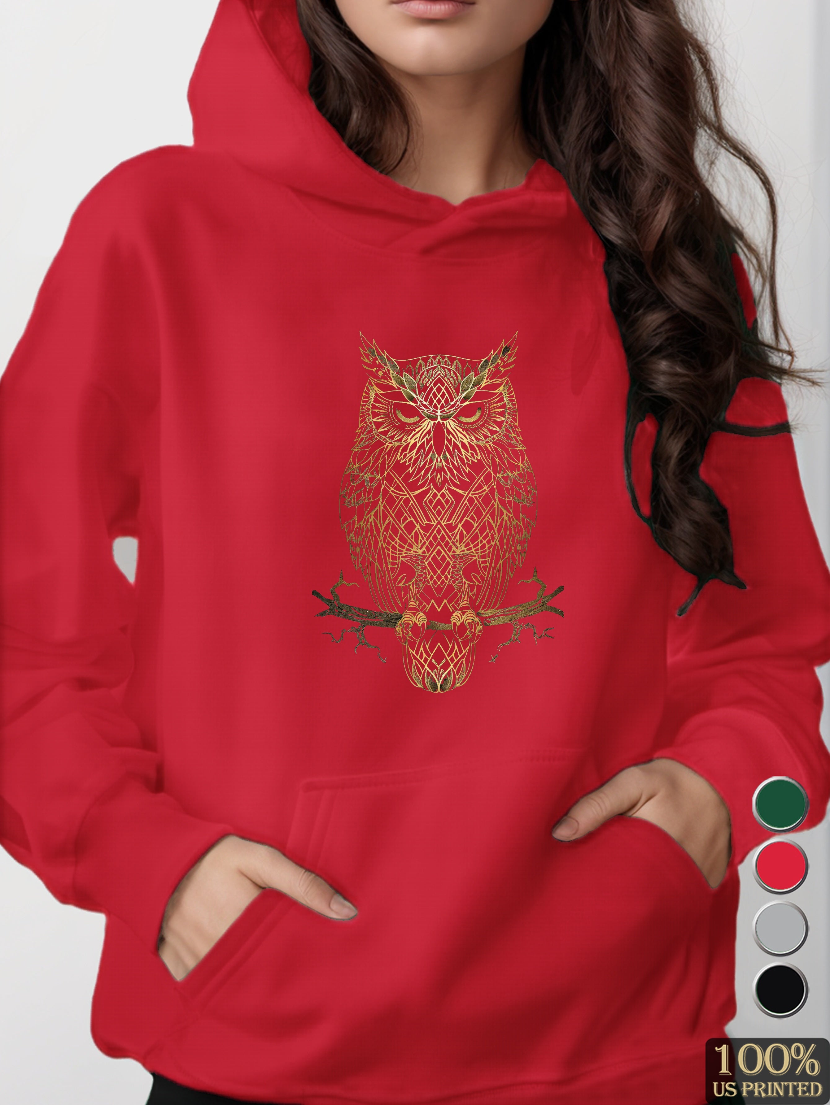 Monochromatic Gold Owl Design women's hooded sweatshirt