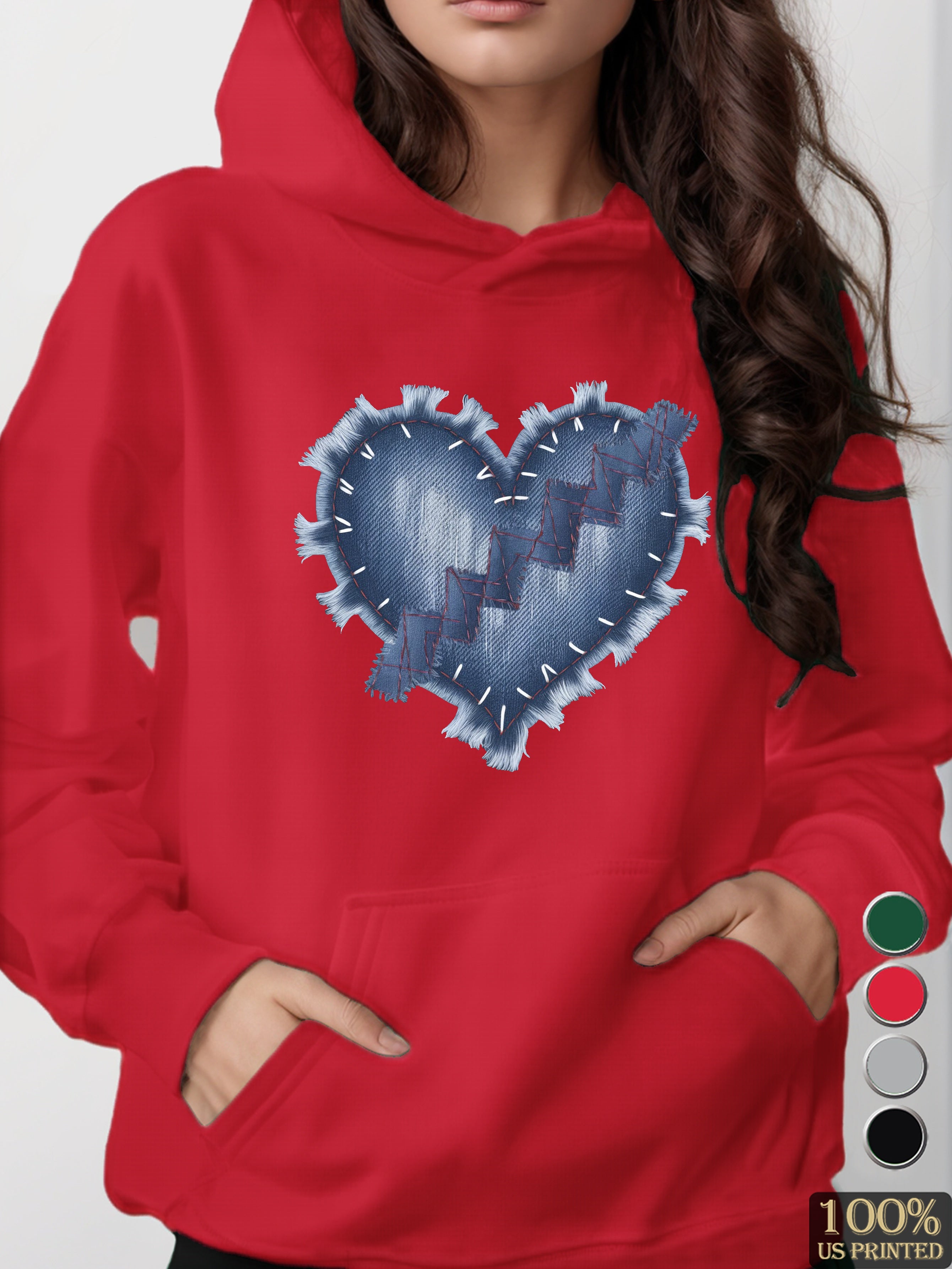 heart shaped denim design women's hooded sweatshirt