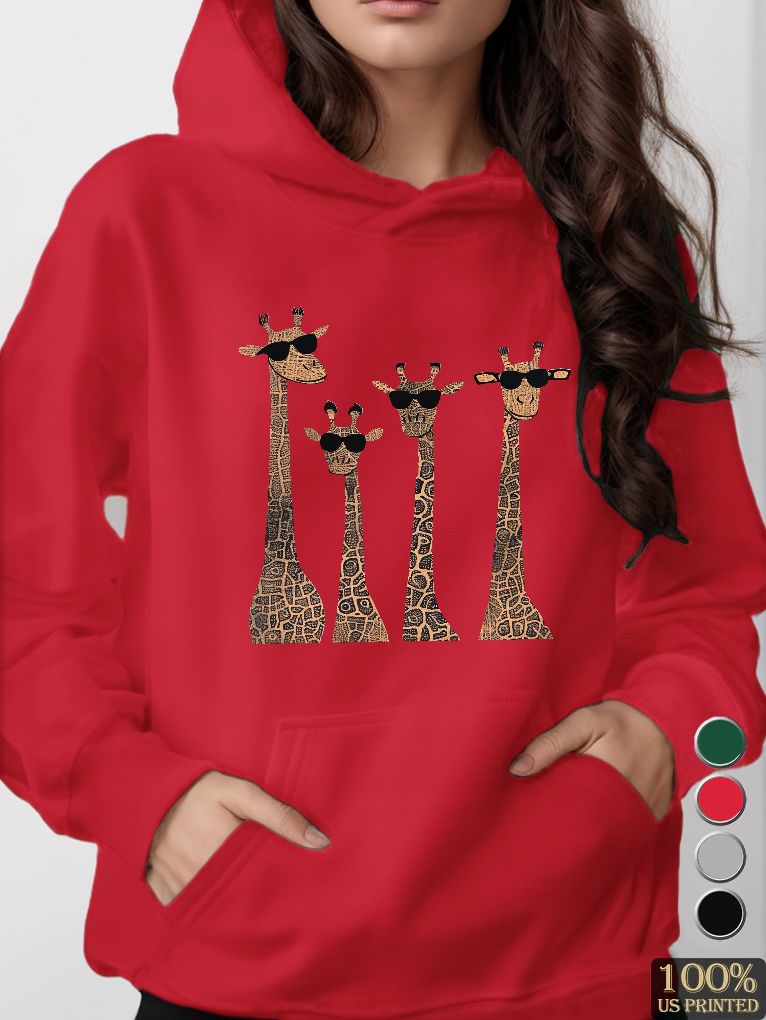 Playful giraffes wearing sunglasses women's hooded sweatshirt