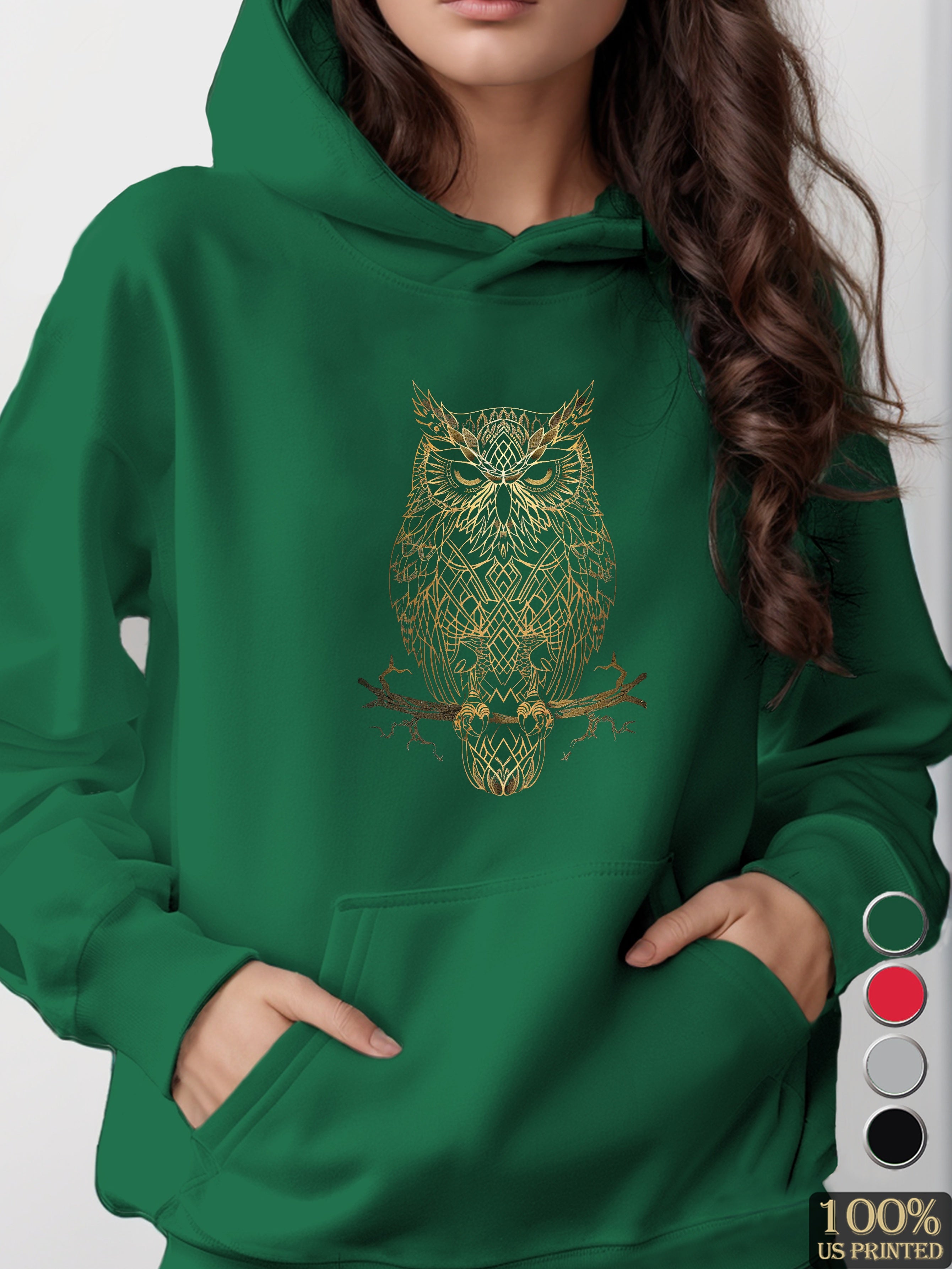 Monochromatic Gold Owl Design women's hooded sweatshirt