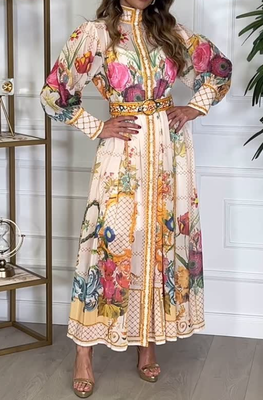 Printed Dress With Stand Collar And Lantern Sleeves