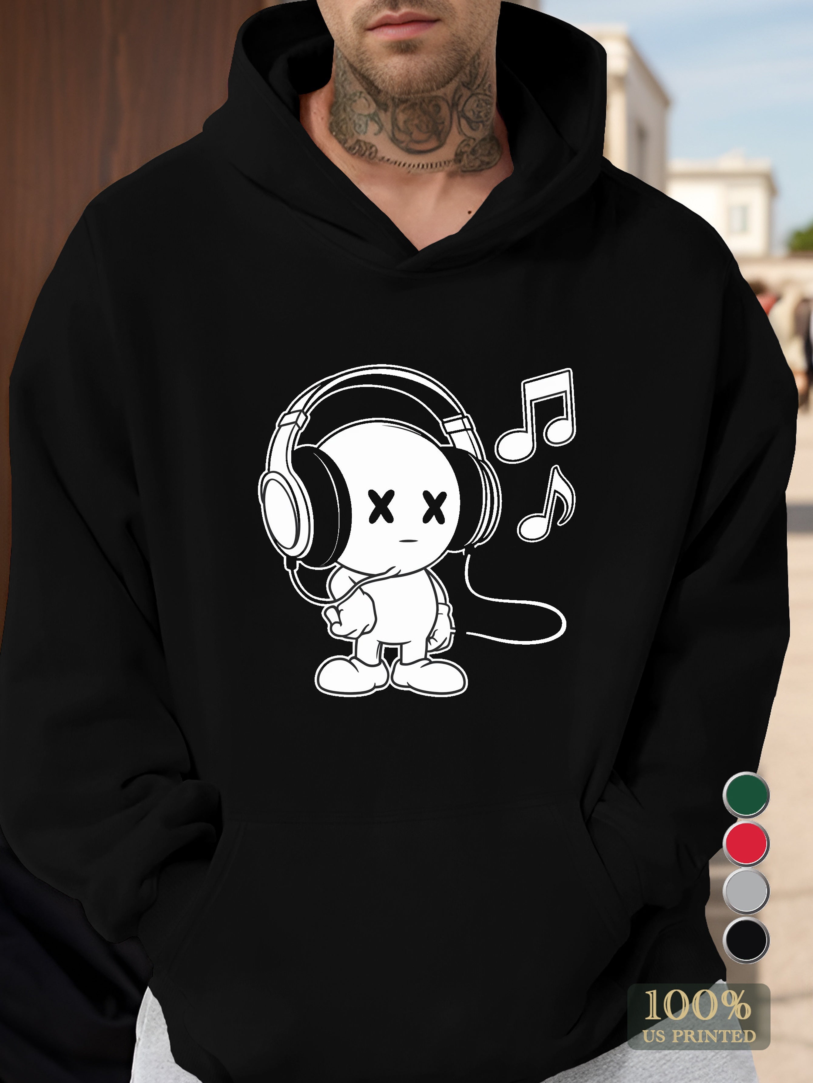 cute cartoon character with headphones Men's hooded sweatshirt