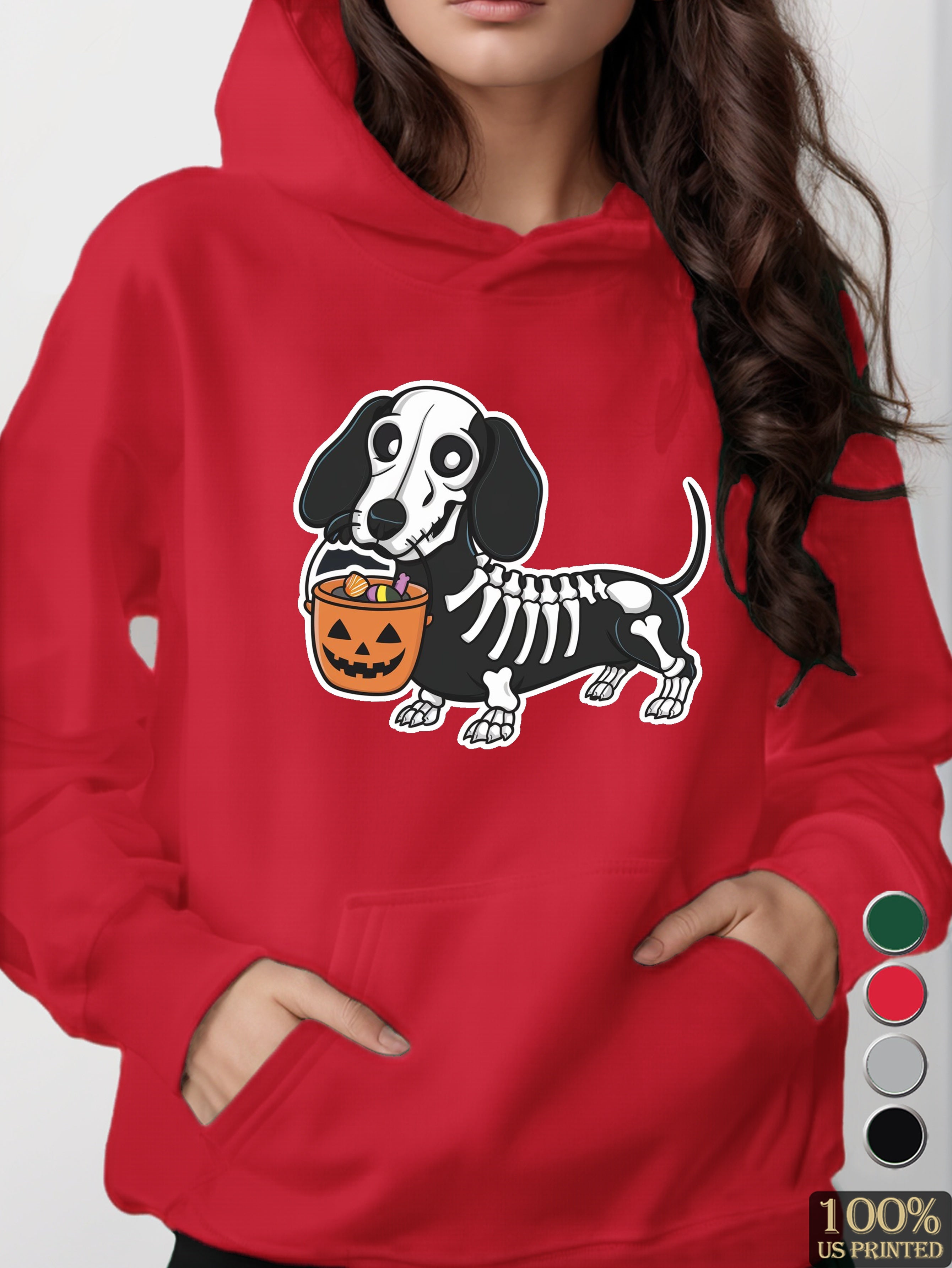 cartoon dachshund Halloween women's hooded sweatshirt