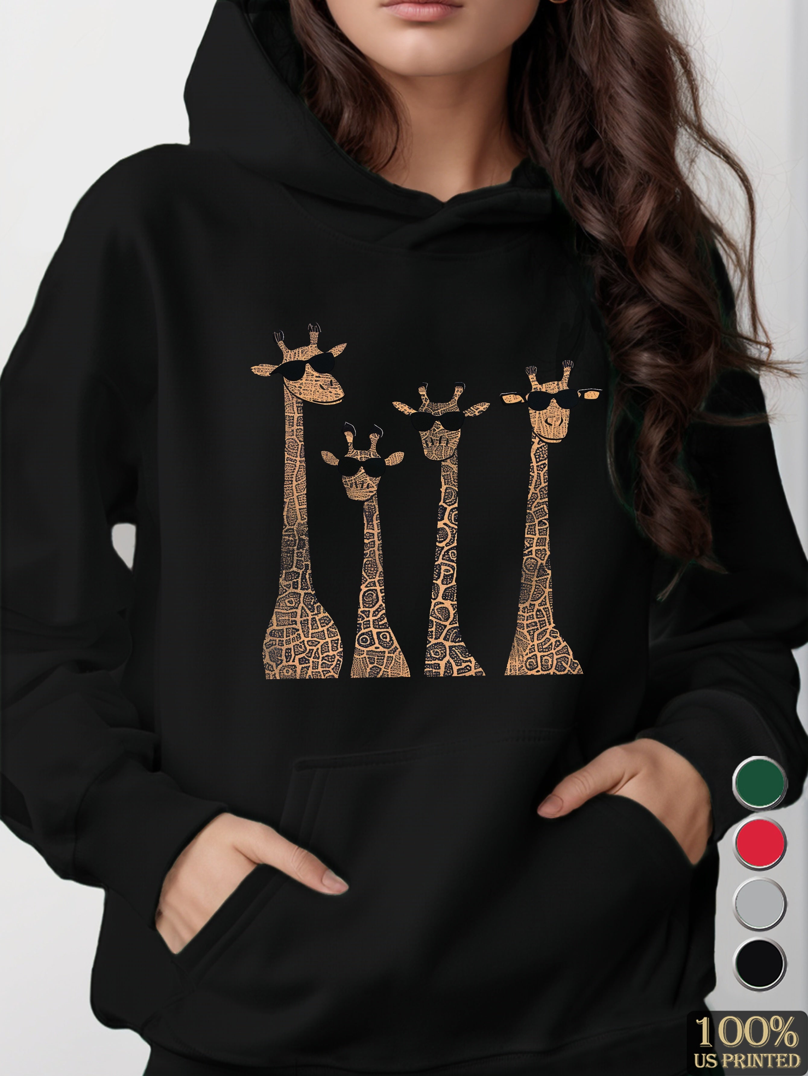 Playful giraffes wearing sunglasses women's hooded sweatshirt