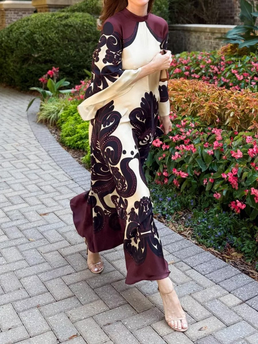 Silk Placement Print Long Sleeve Maxi Dress