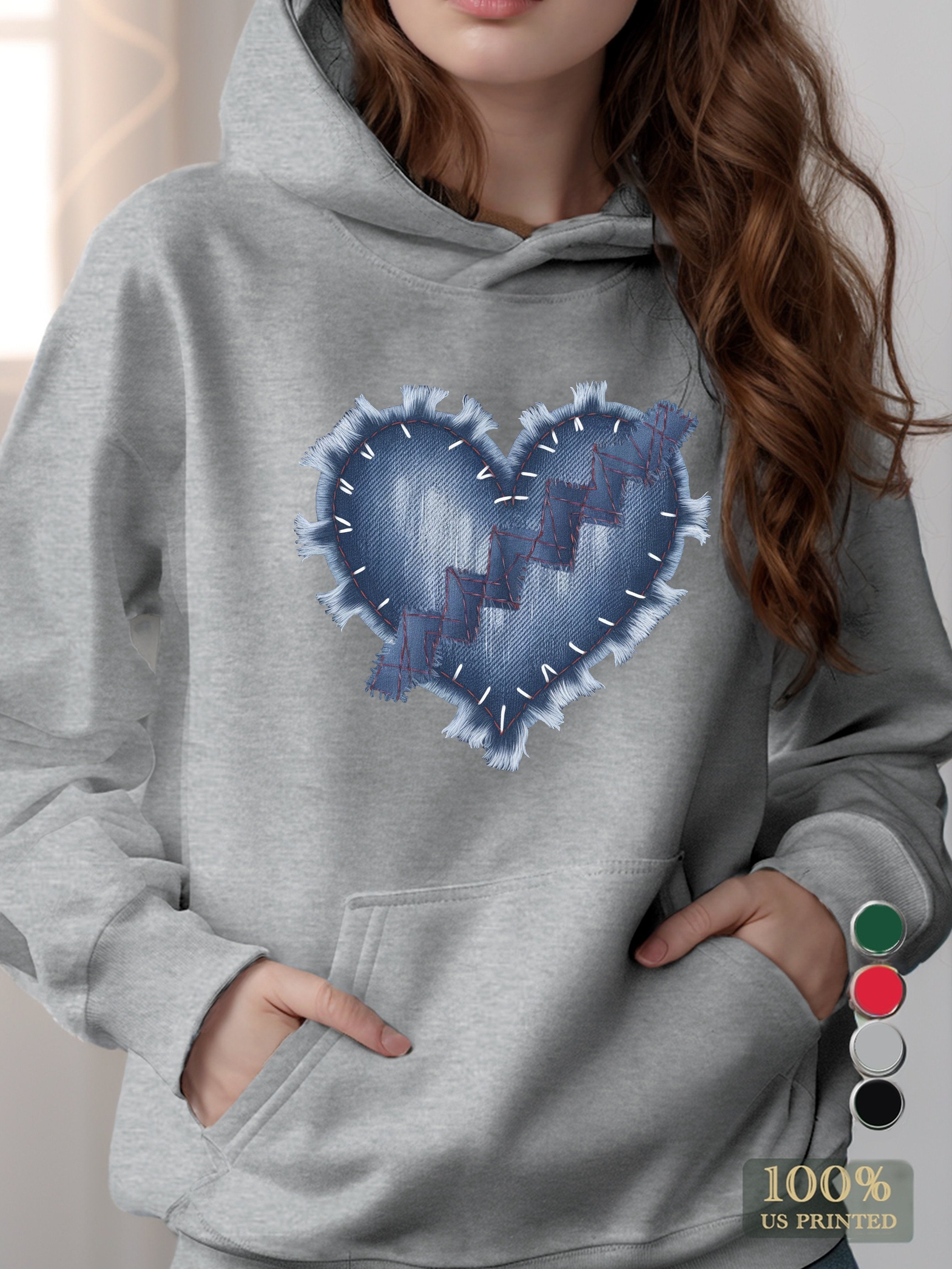 heart shaped denim design women's hooded sweatshirt