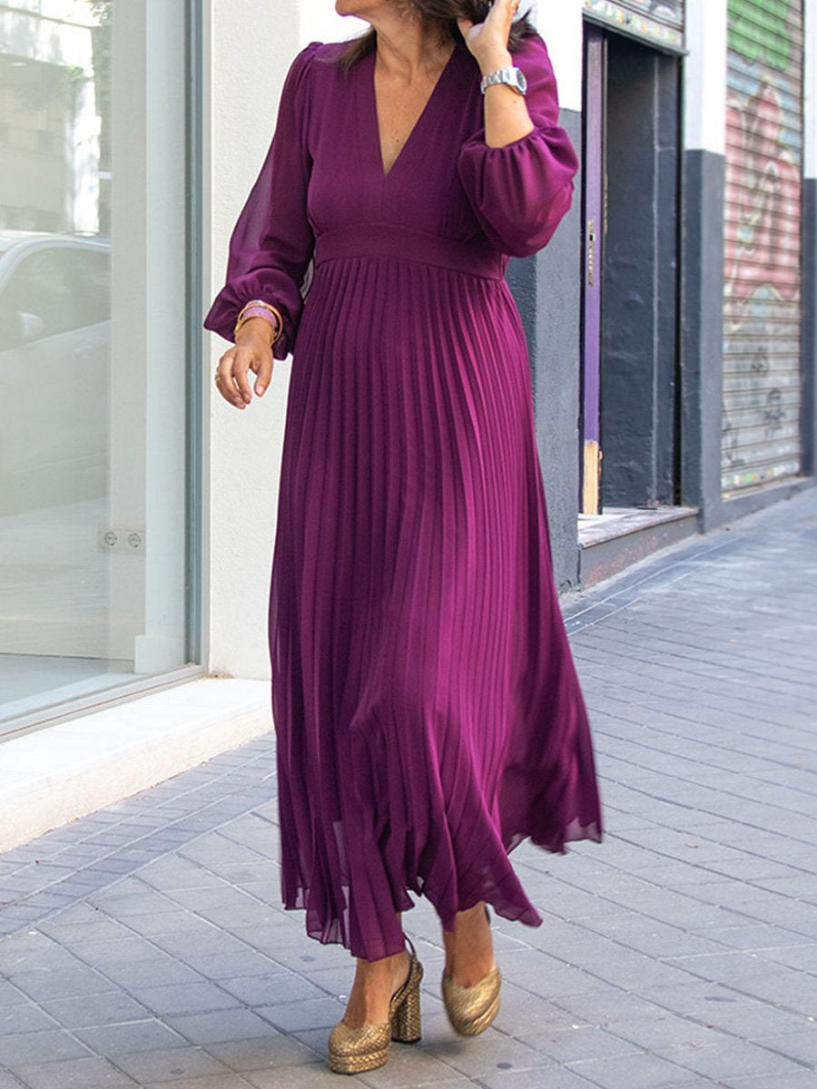 Elegant Pleated V Neck Midi Dress