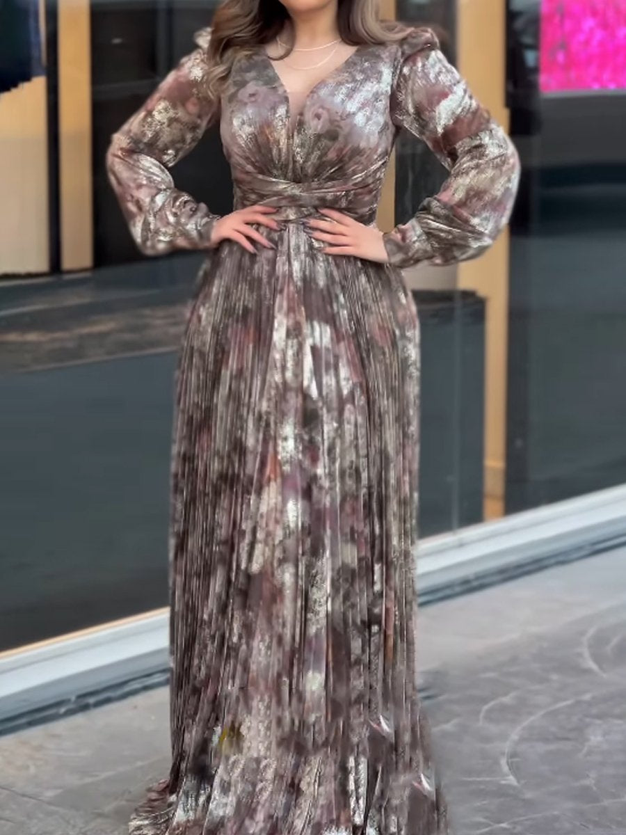 Hot Stamping V Neck Long Sleeve Maxi Dress