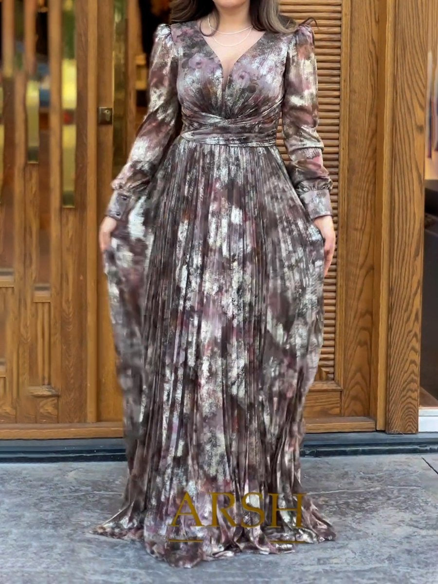 Hot Stamping V Neck Long Sleeve Maxi Dress