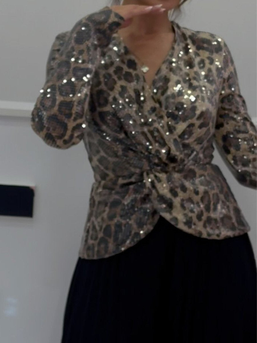 Sequined V Neck Leopard Print Blouse