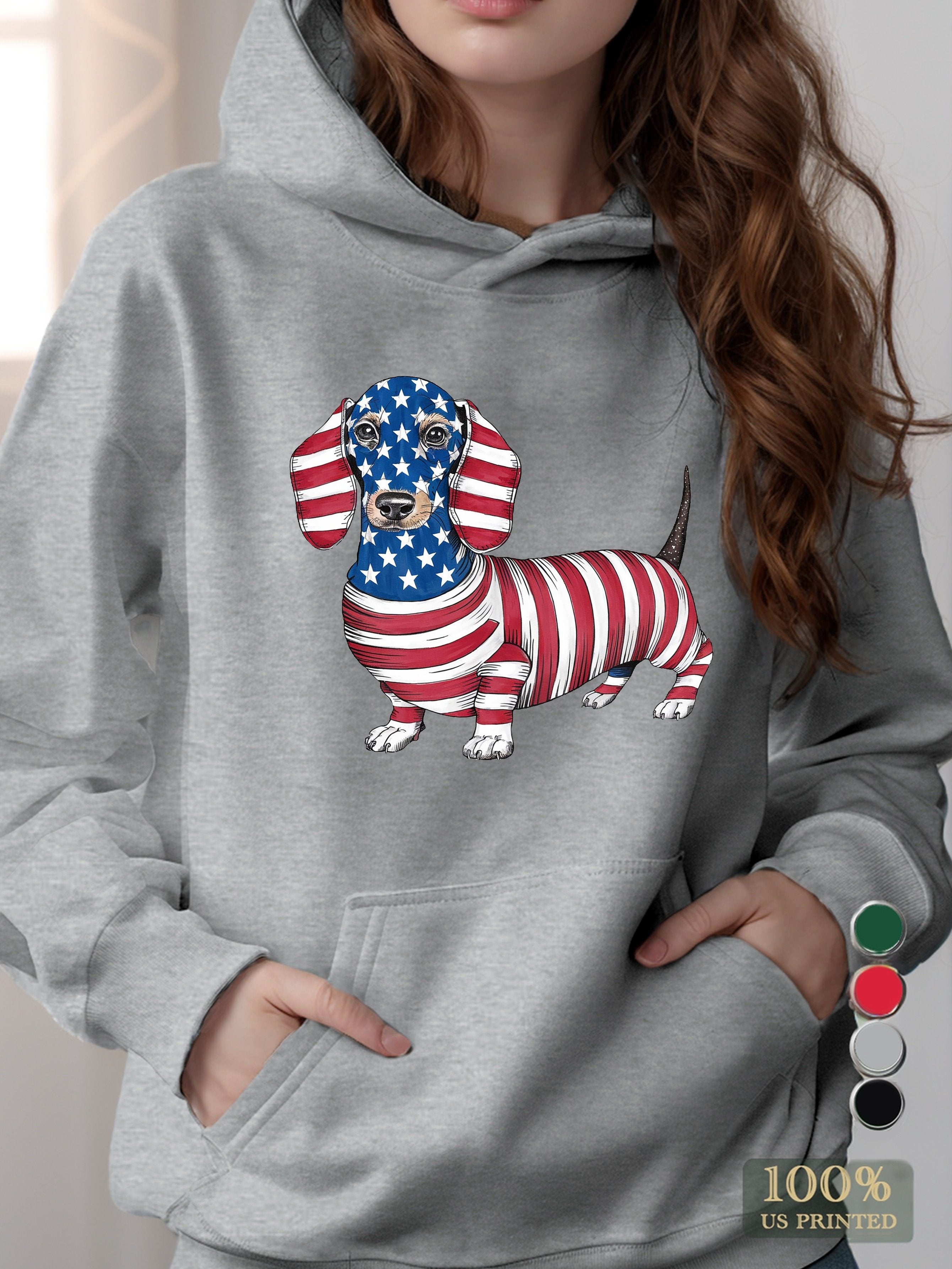 whimsical patriotic dachshund illustration women's hooded sweatshirt