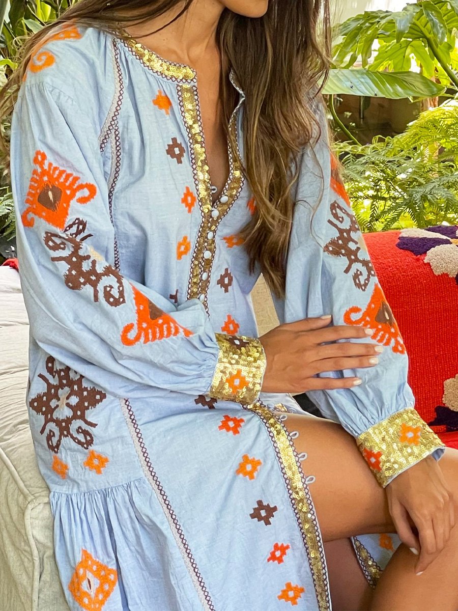 Embroidered Printed Button Up Midi Dress