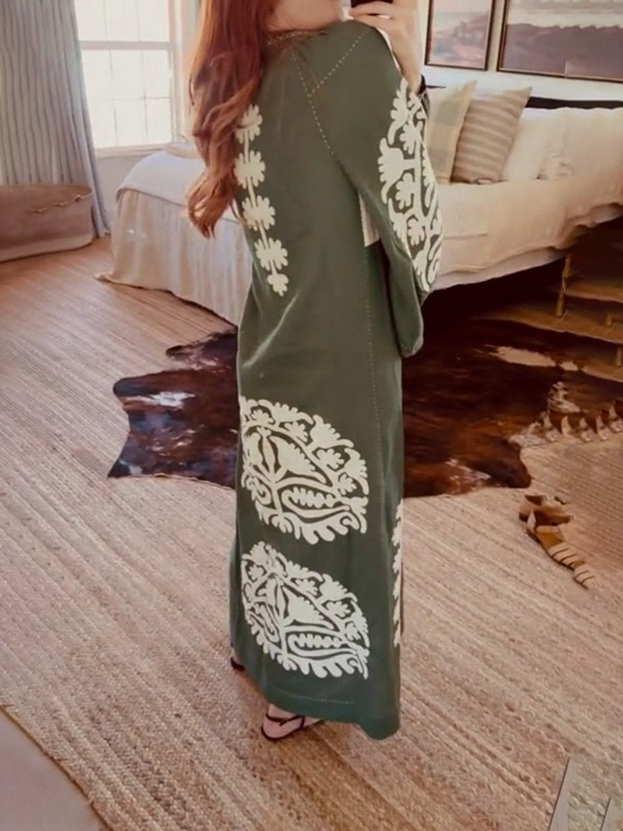 Embroidered Printed Tie Up Maxi Dress