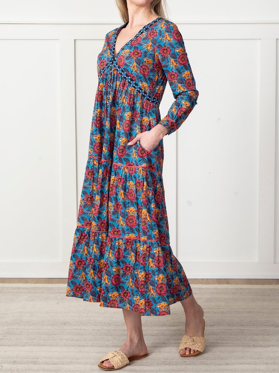 Floral Print V Neck Long Sleeve Dress