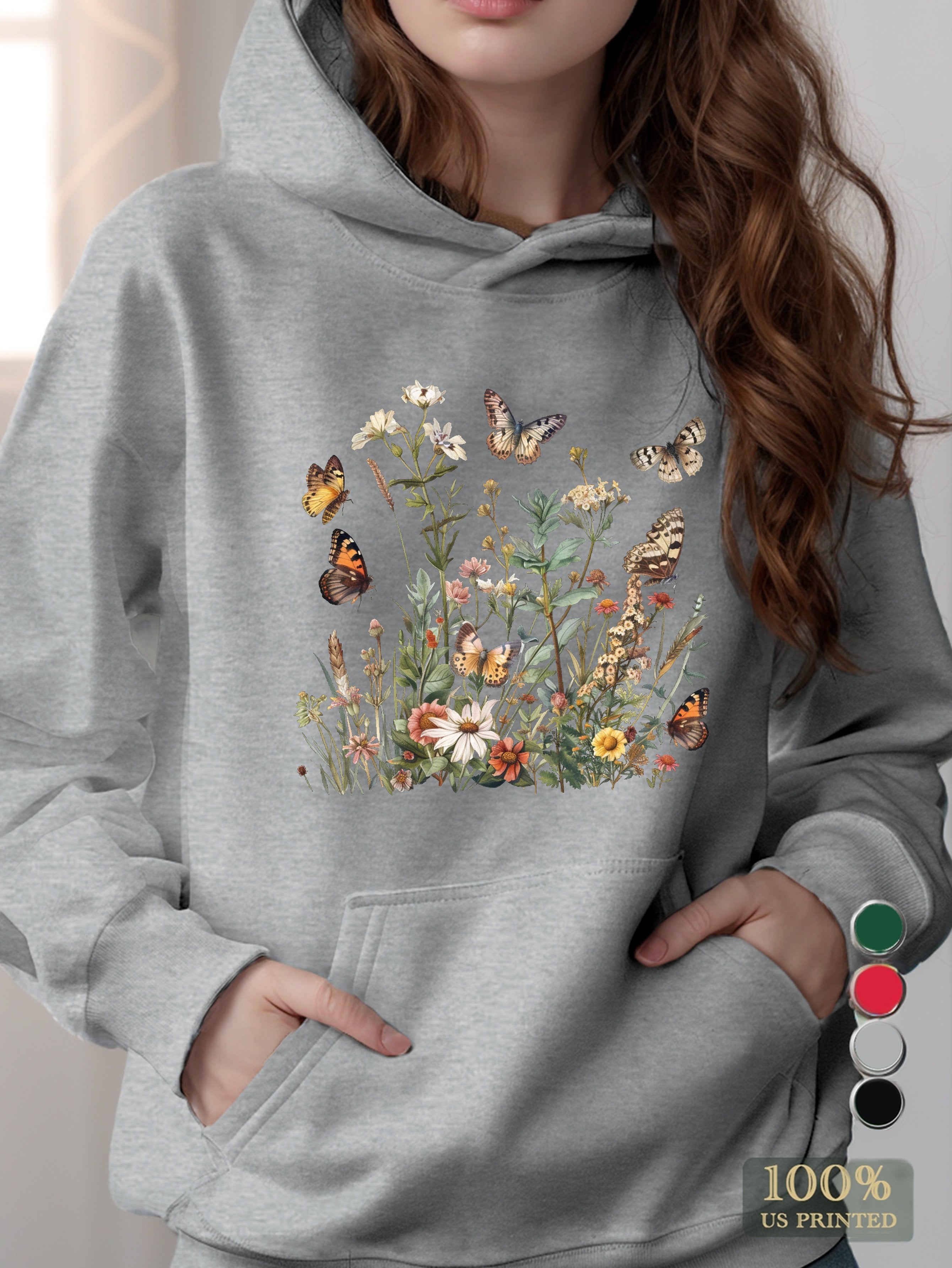 Botanical illustration with butterflies women's hooded sweatshirt