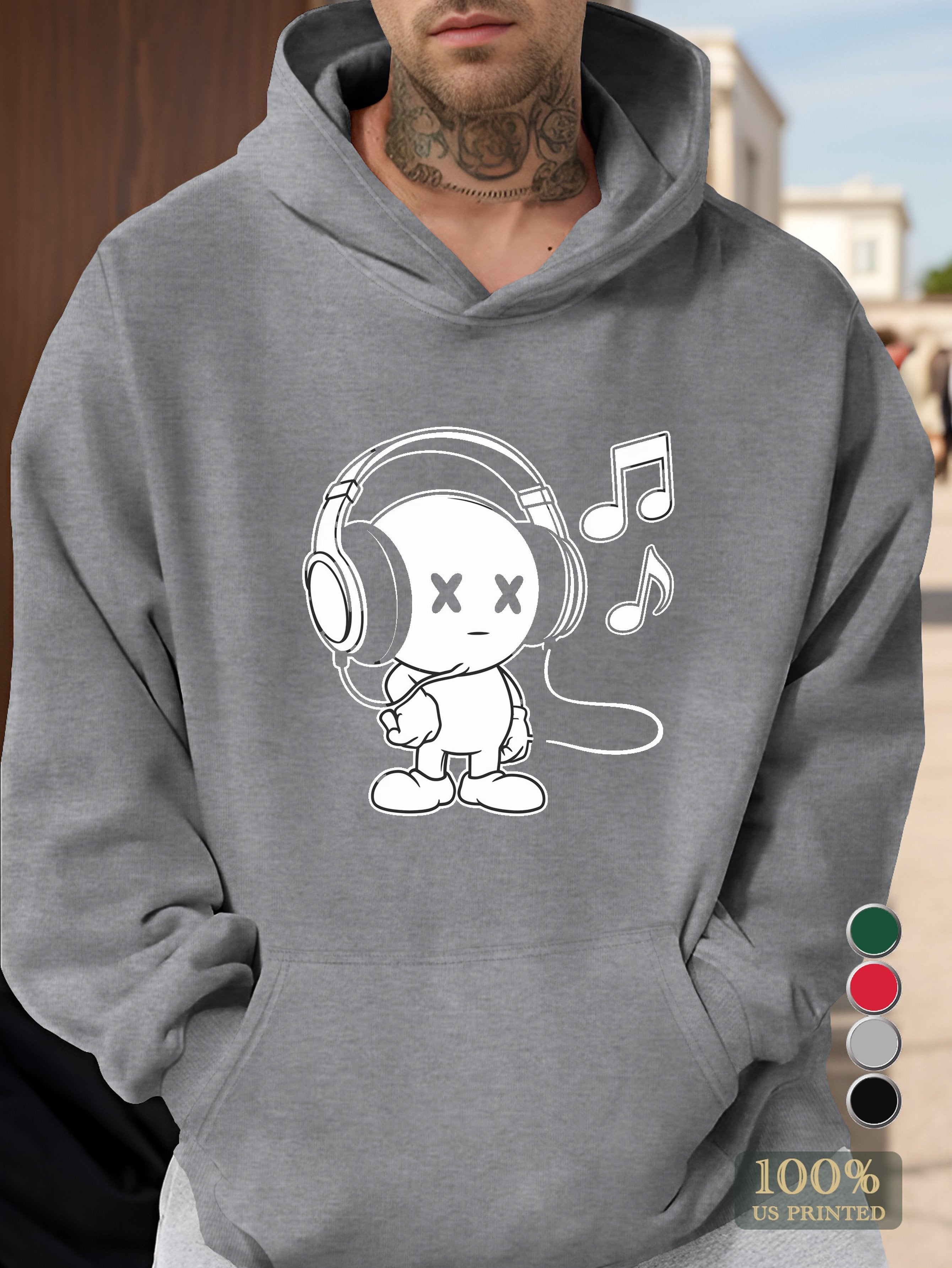 cute cartoon character with headphones Men's hooded sweatshirt