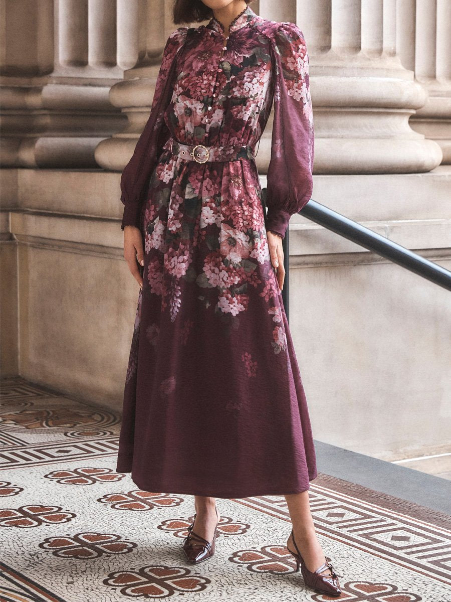 Printed Belted Long Sleeve Button Front Maxi Dress