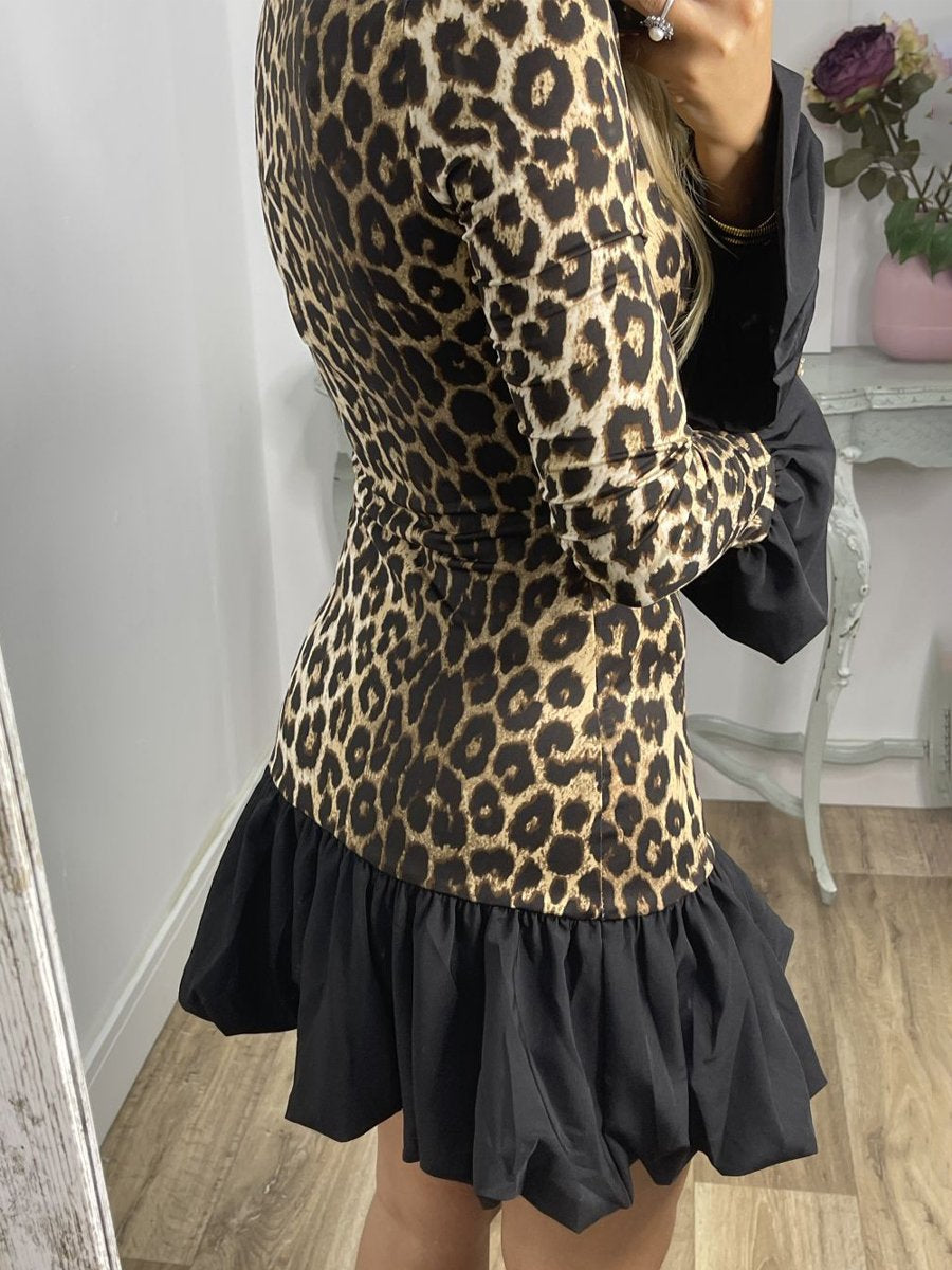 Leopard Print Patchwork Flare Sleeve Dress