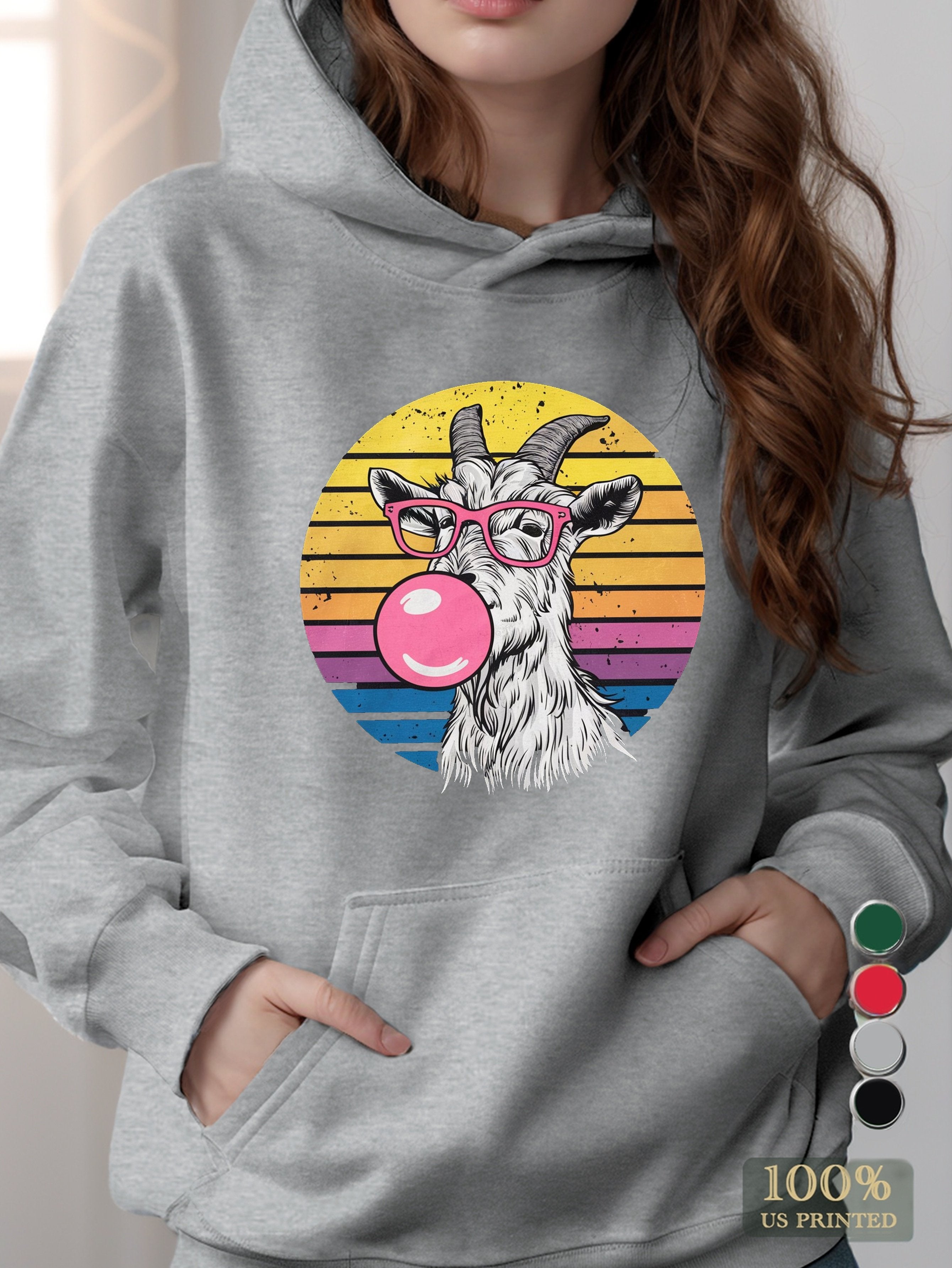 Goat wearing pink glasses women's hooded sweatshirt