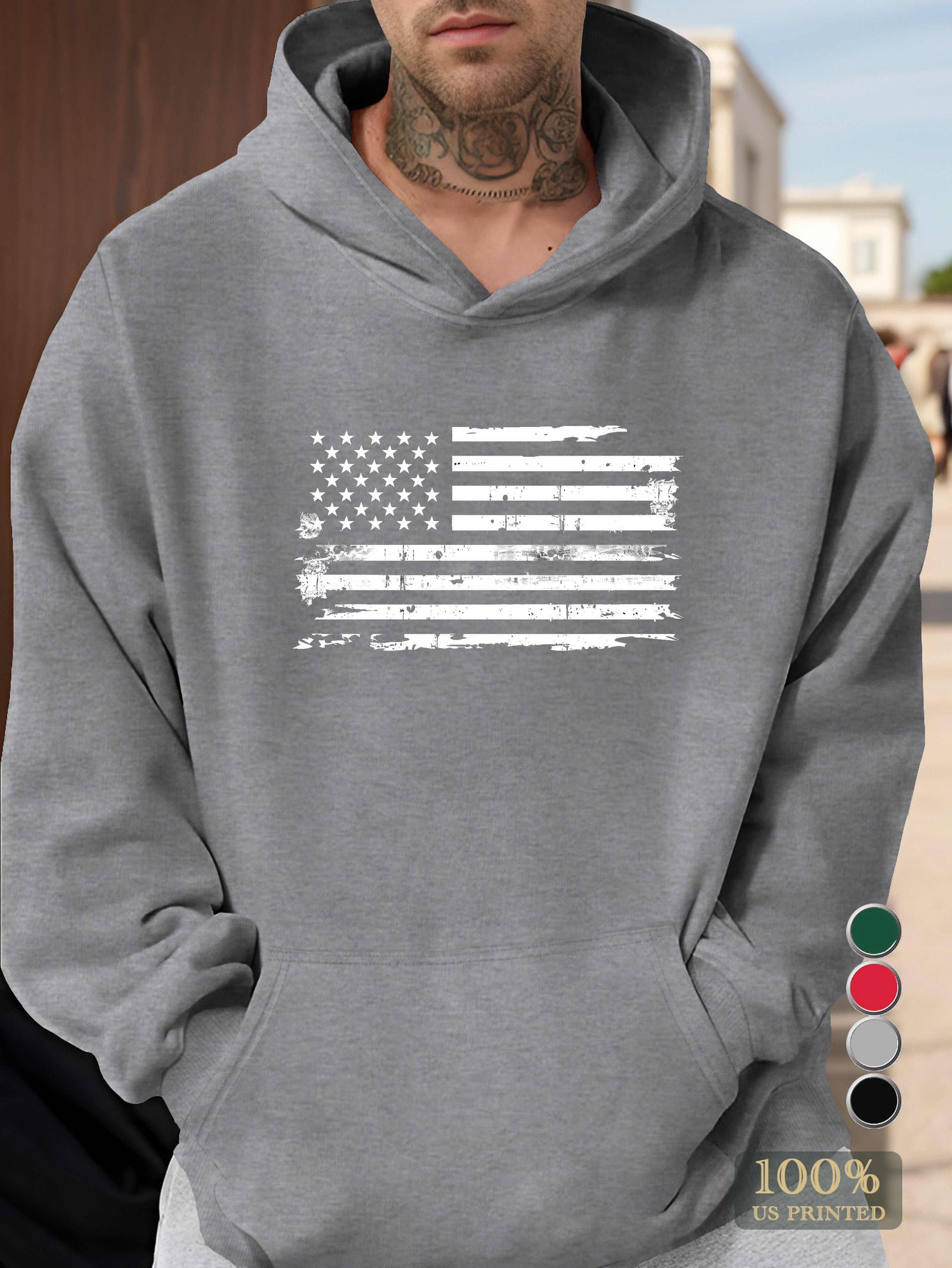 Hand painted monochrome American flag Men's hooded sweatshirt