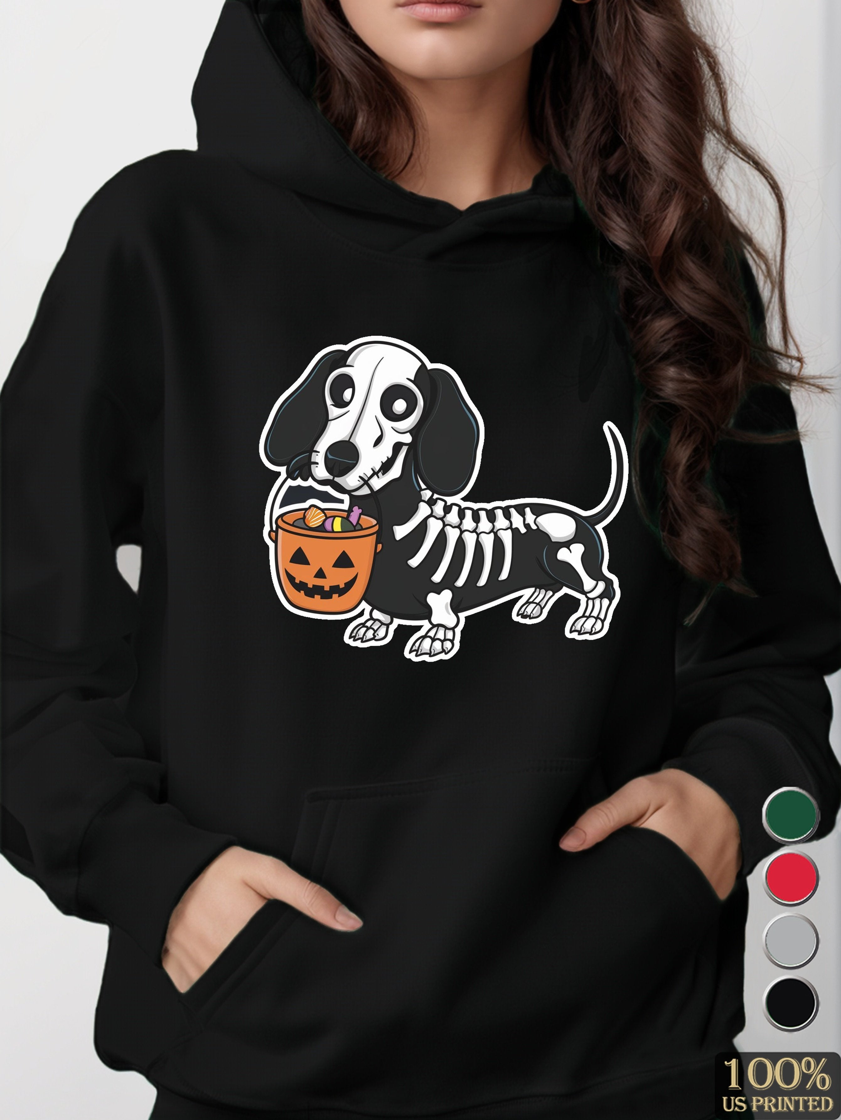 cartoon dachshund Halloween women's hooded sweatshirt