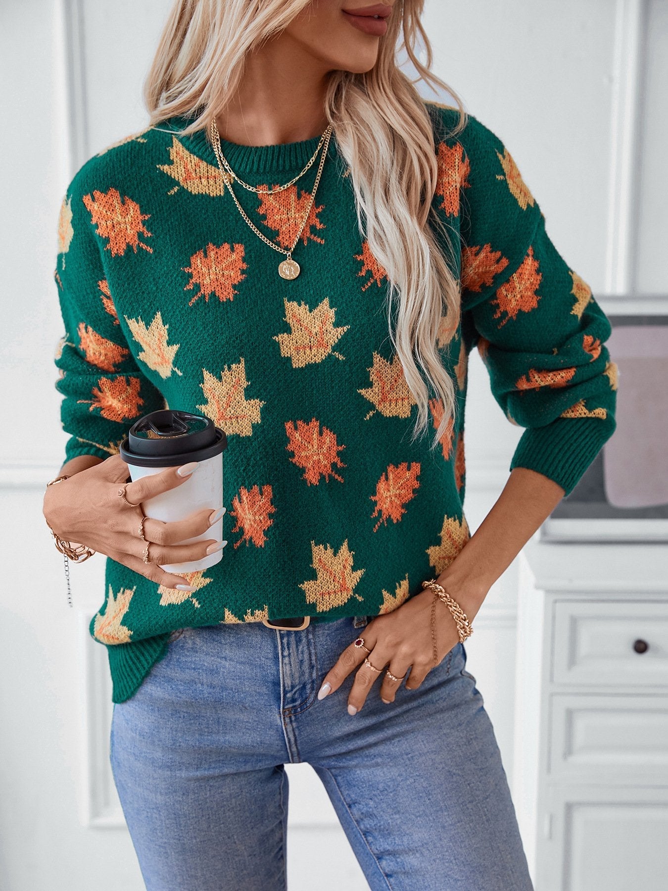 Maple Leaf Pattern Casual Knit Sweater