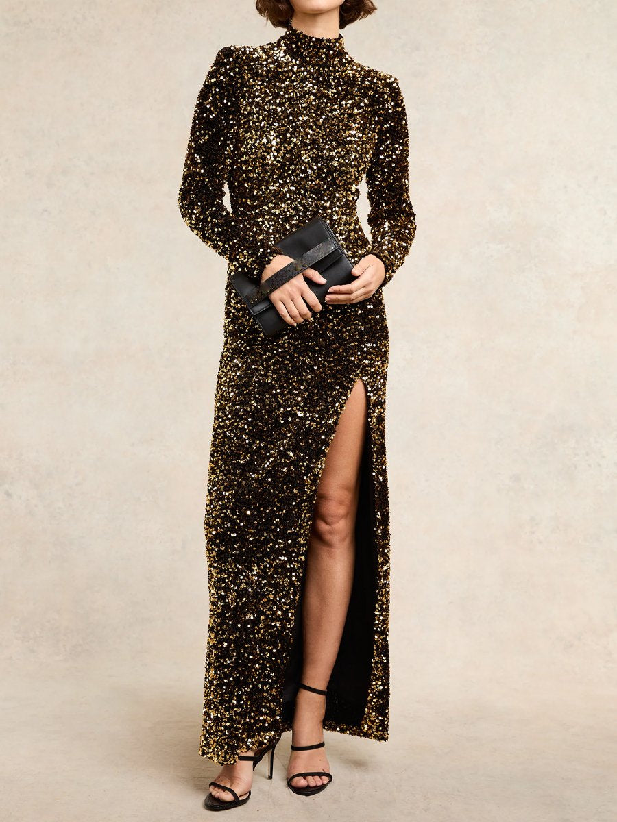 Slit Hem High Neck Sequin Maxi Dress