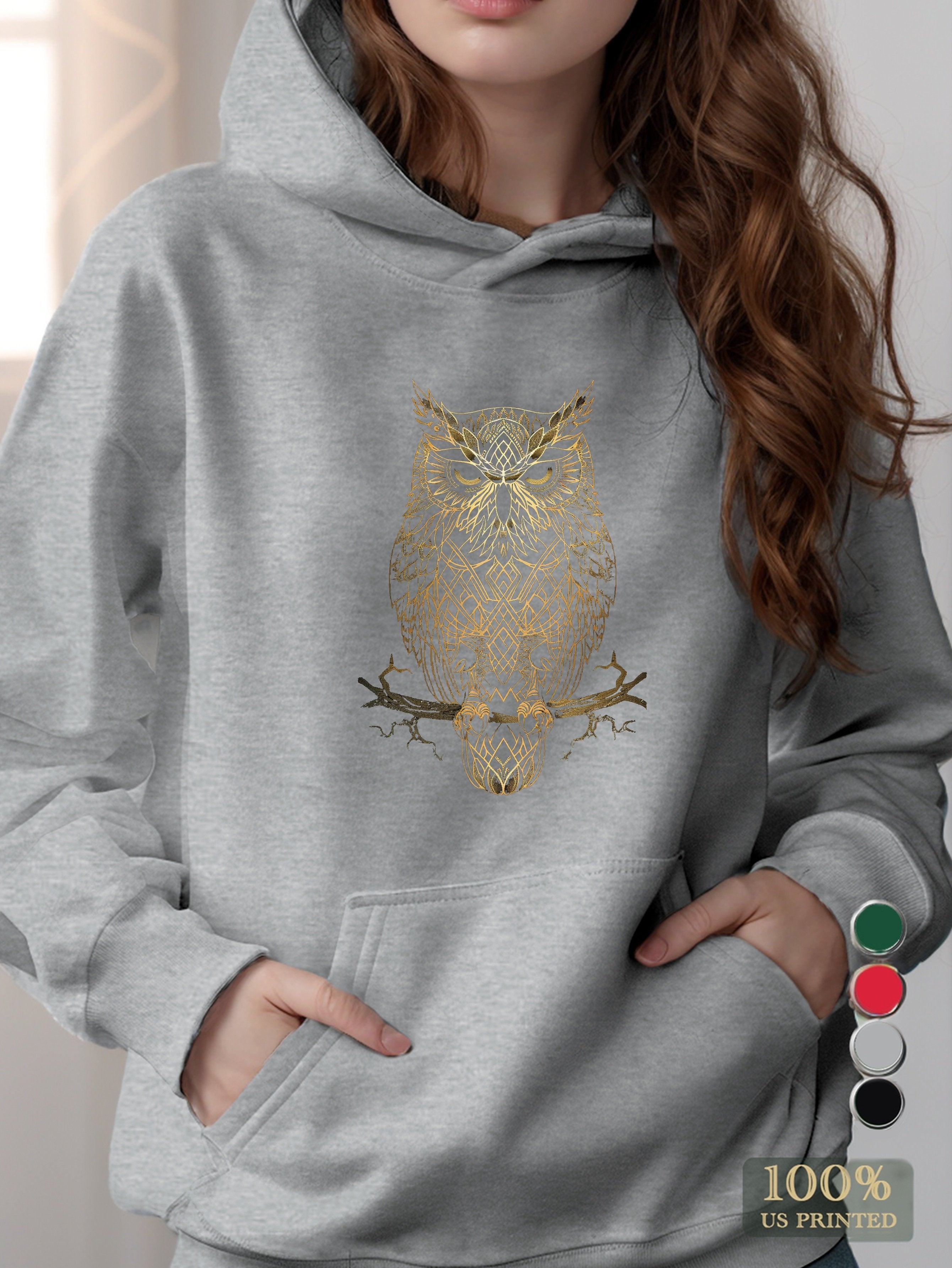 Monochromatic Gold Owl Design women's hooded sweatshirt