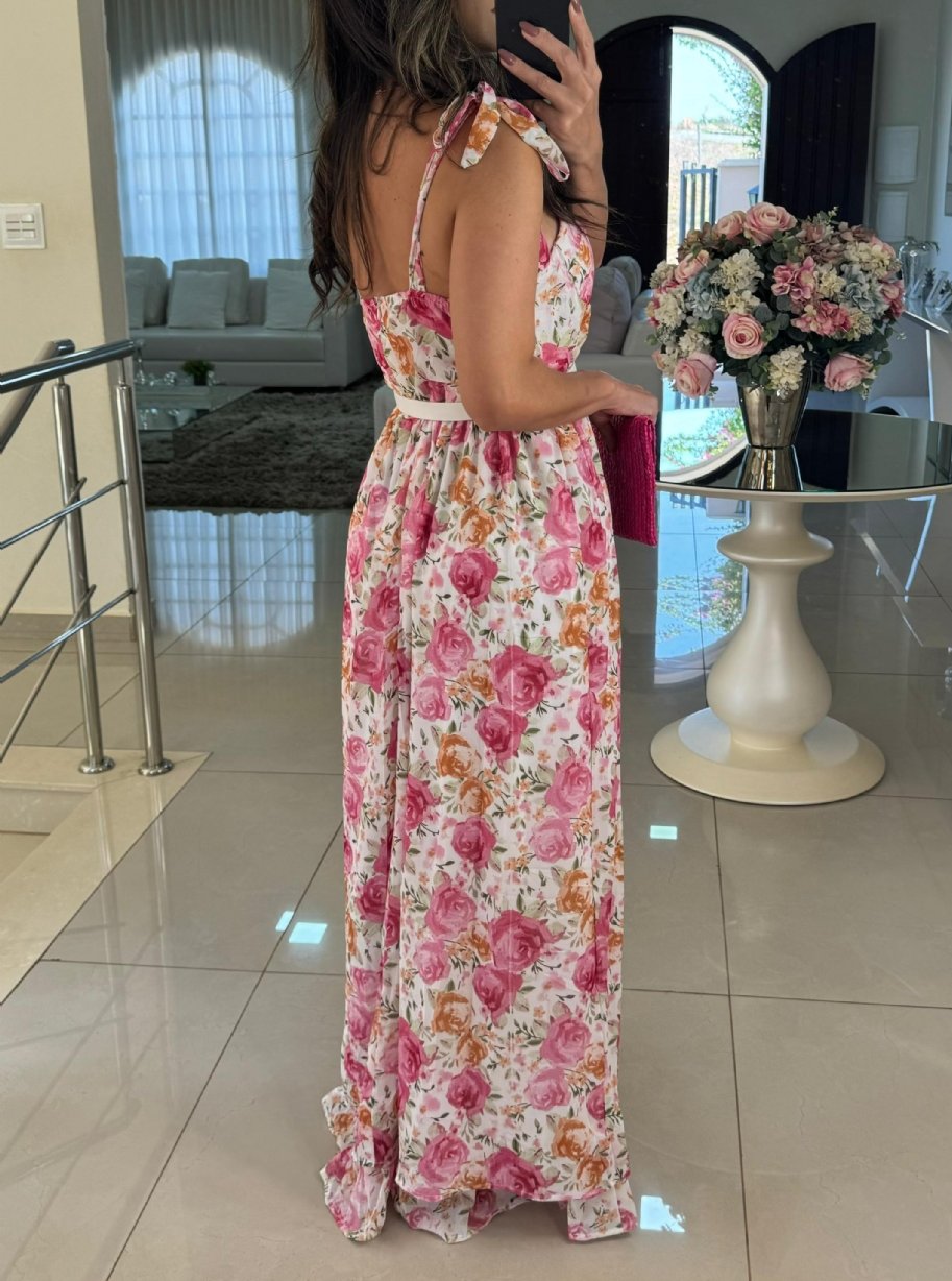 Pink Floral Print Round Neck Maxi Dress