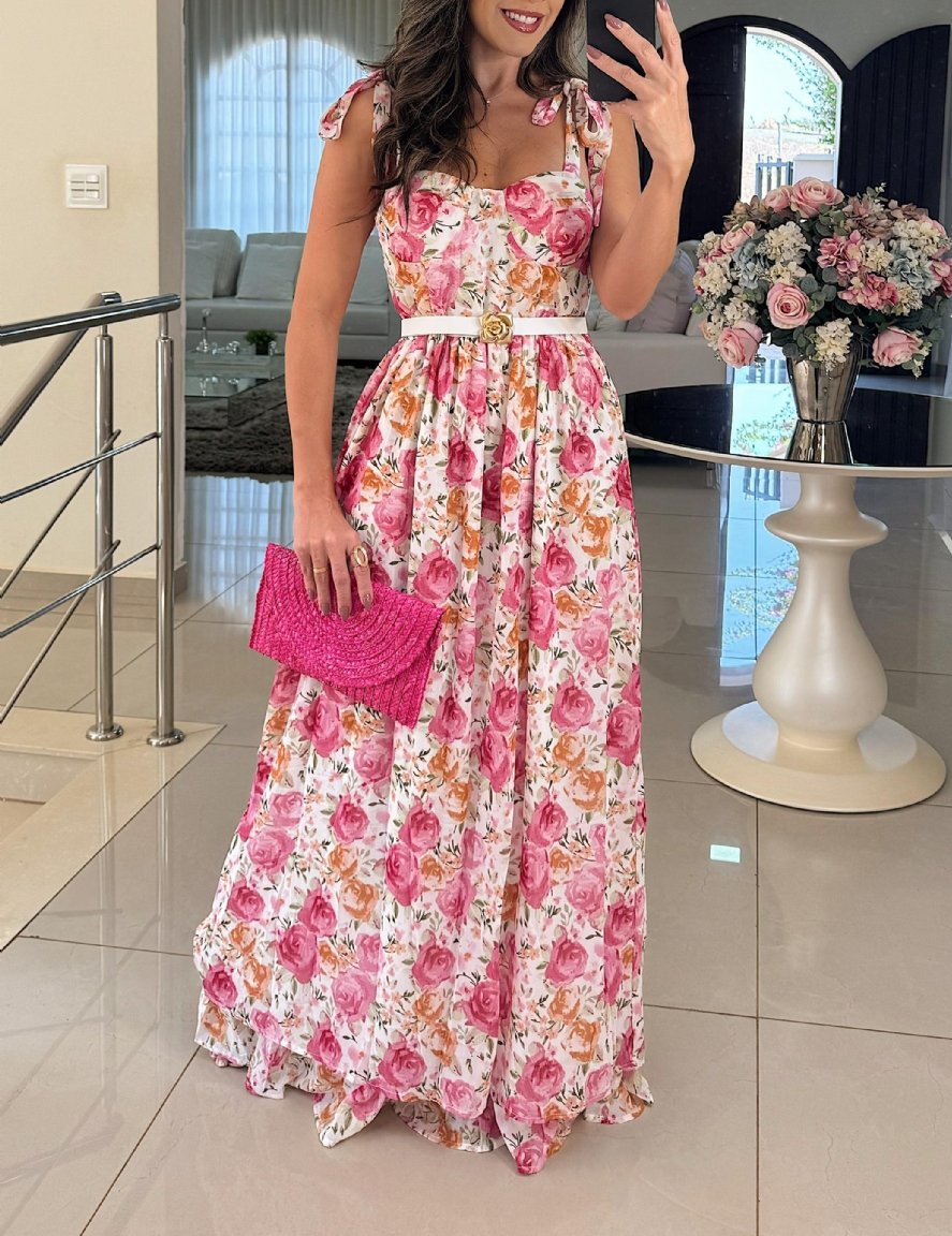 Pink Floral Print Round Neck Maxi Dress