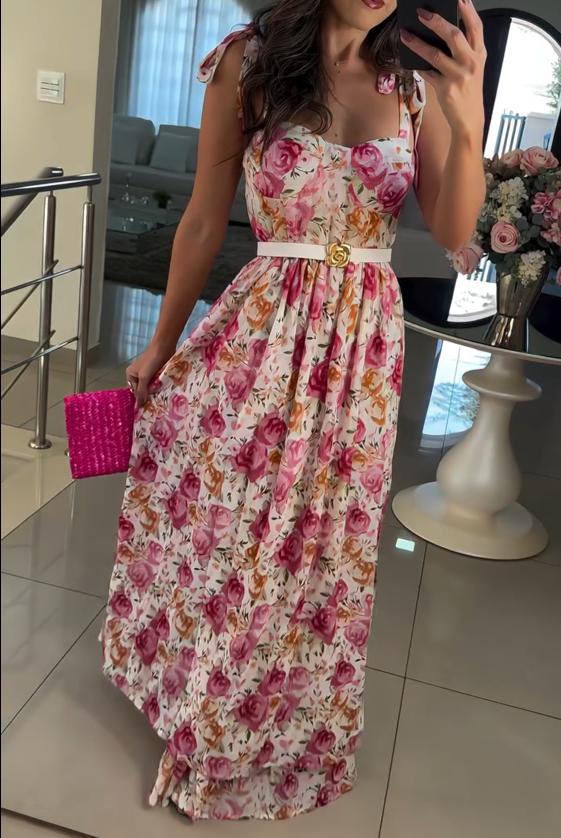 Pink Floral Print Round Neck Maxi Dress